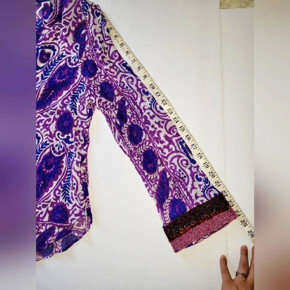 Zara Vibrant Purple Paisley Boho Long Sleeve V Neck Blouse with Beaded Sleeves - Picture 6 of 12